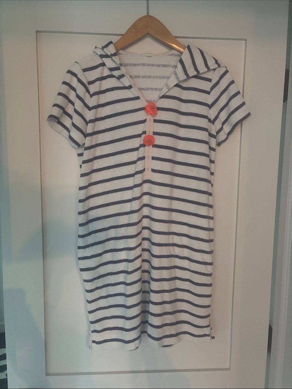 Crewcuts White and Navy Striped Hooded Cover-Up with Coral Pom Detail